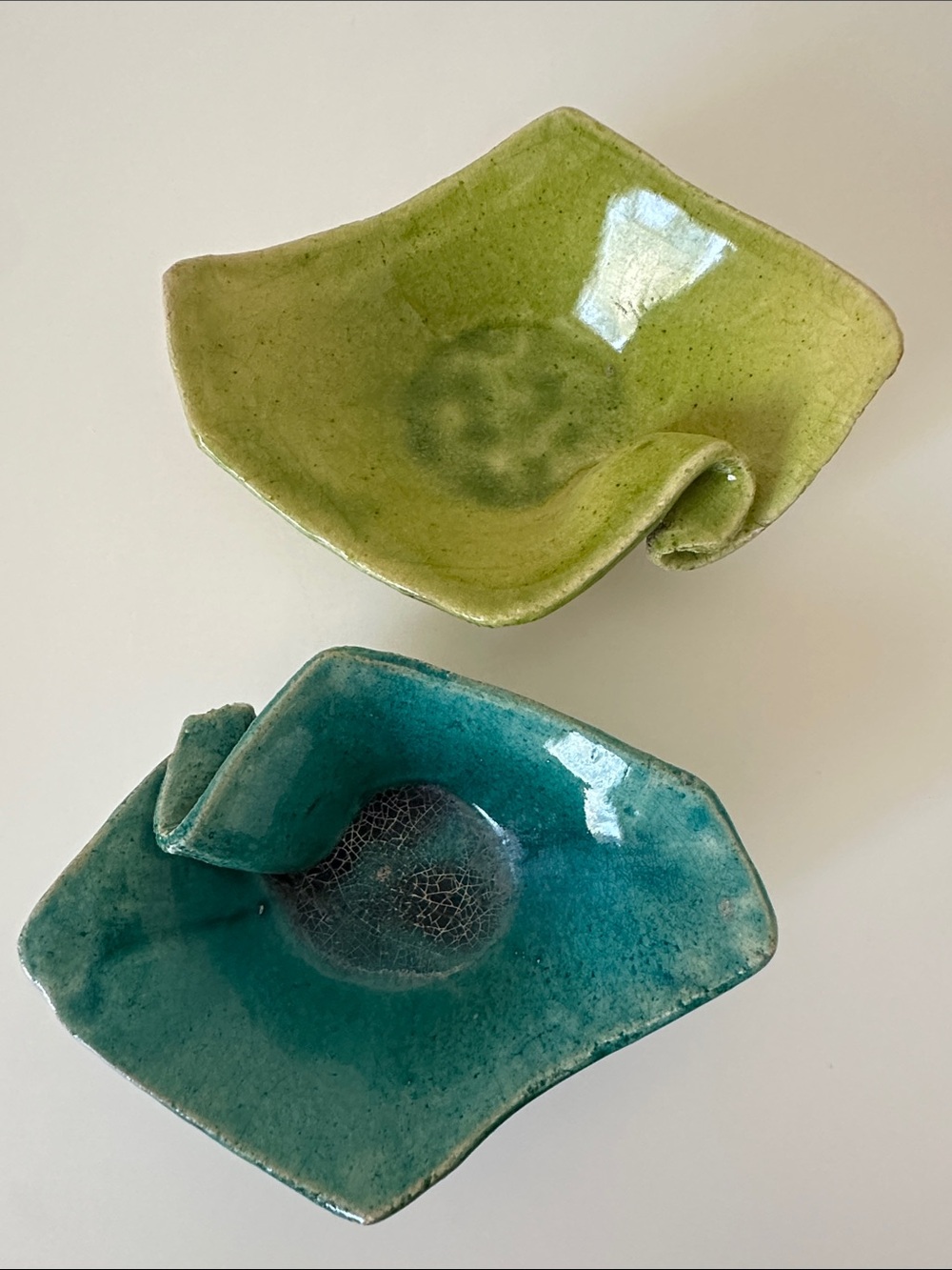 Set of Two Hand-Glazed Ceramic Pinch Pots Accent Bowls — Lime Green & Teal